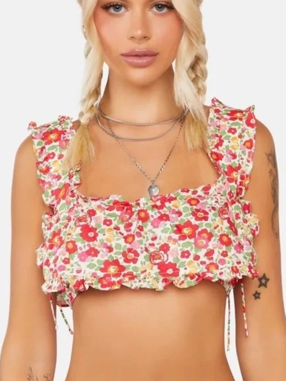 RETAIL 150 FOR LOVE AND LEMONS Floral Ruffle Crop Top - Pink Multi